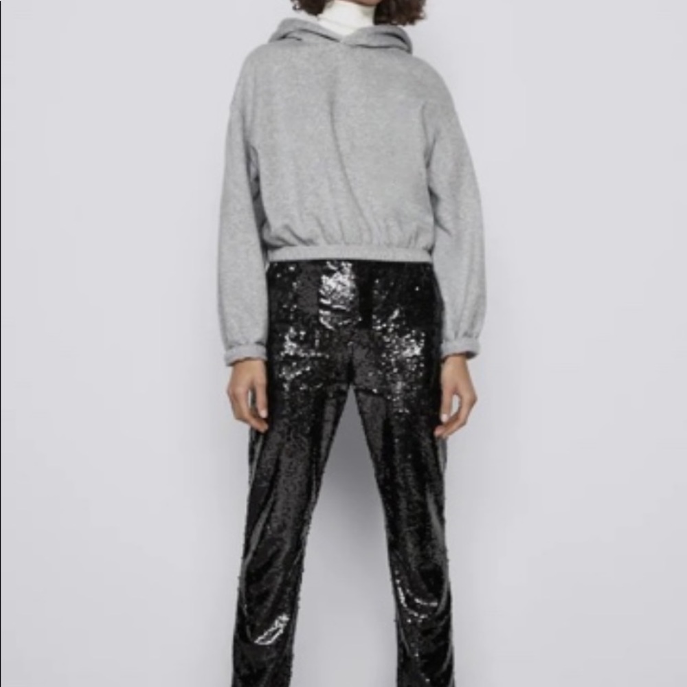 NEW Zara Sequinned Black High Waist Trousers Pants Extra Small XS